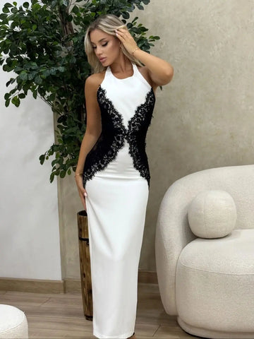Elegant White Long Dress Women's Halter Backless Casual Black Lace Patchwork Slit Maxi Dresses Evening Party Cocktail Prom 2026