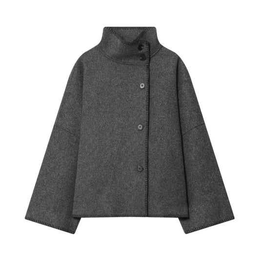 Women Faux Wool Jacket with Wide Shoulder Autumn Vintage High Neck Long Sleeve Button Lady Coats Causal Female Chic Tops